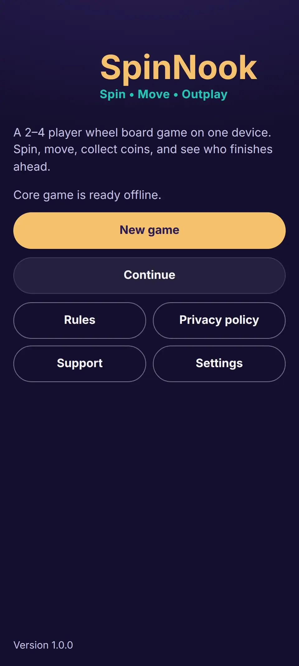 SpinNook home screen with a new local game ready to start