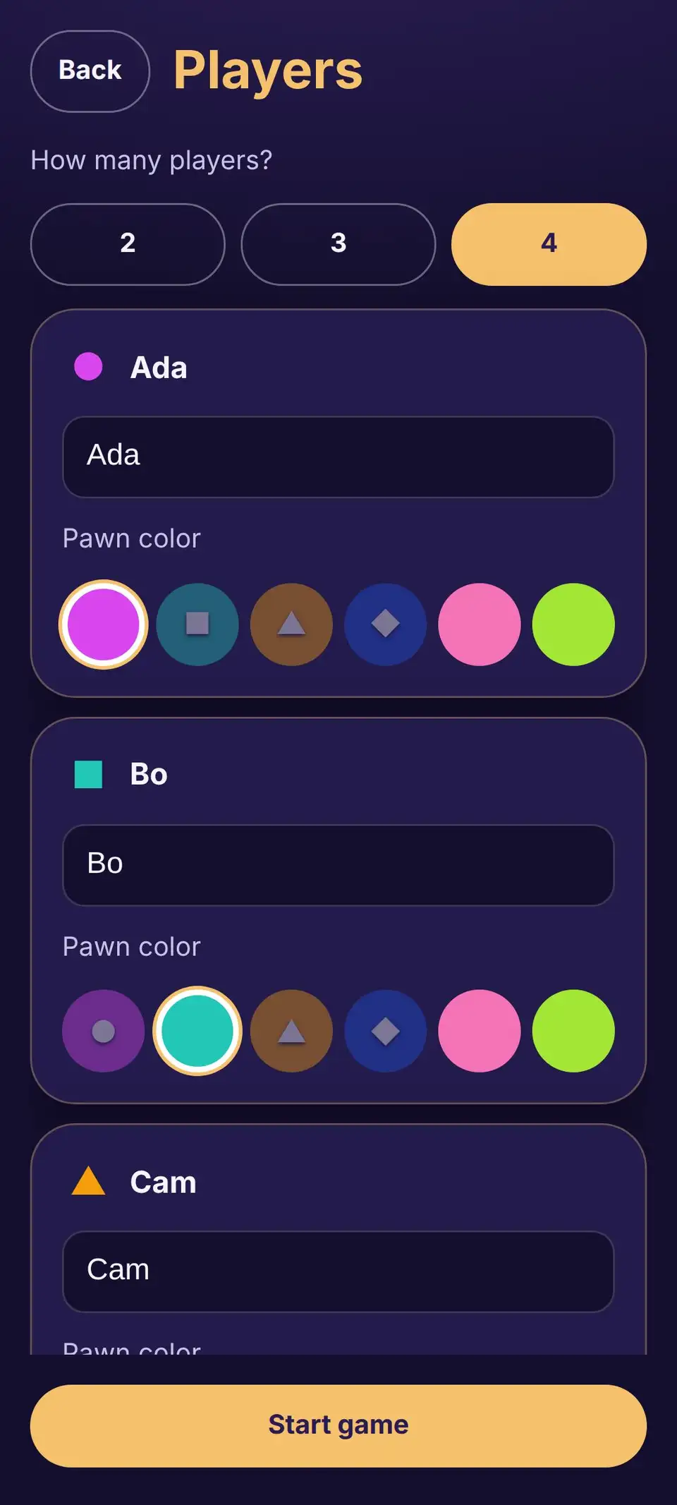 Player setup with nicknames and four pawn colors