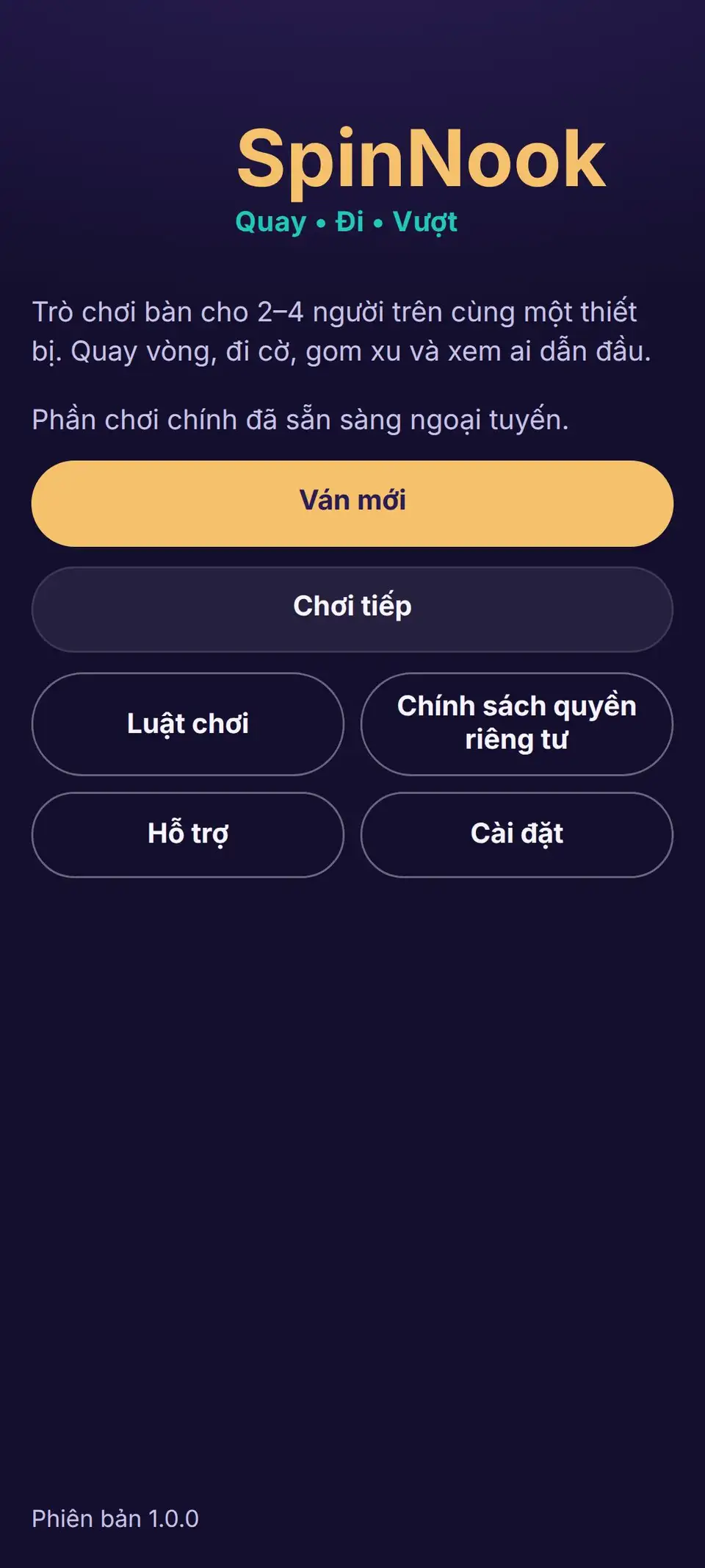 Màn hình chính SpinNook sẵn sàng mở ván tại chỗ